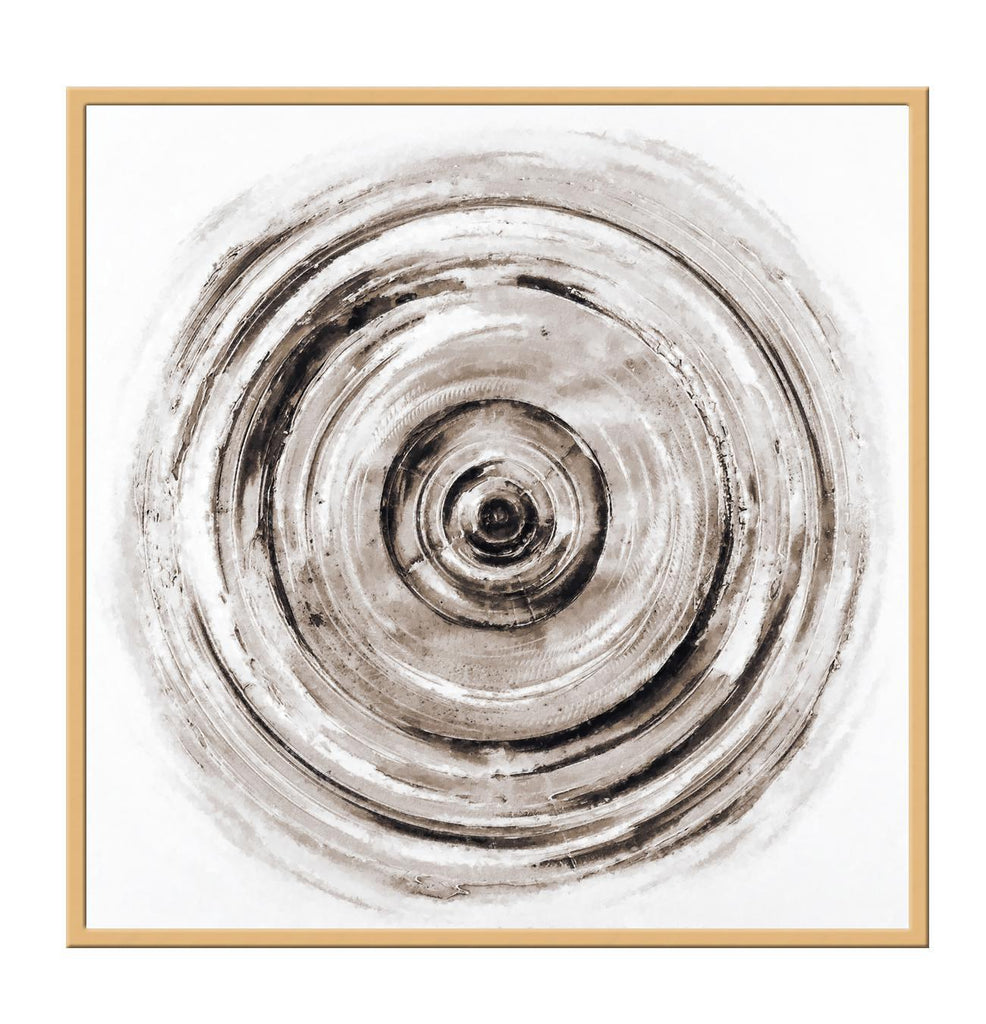 Abstract print with different sized circles in various textures and brown and black tones forming a swirl on white background