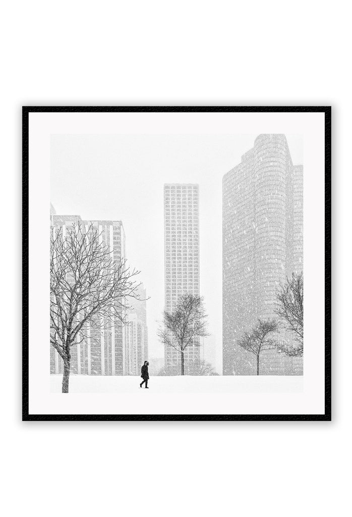 Urban print with black and white city in winter New York City Central Park in square orientation. 