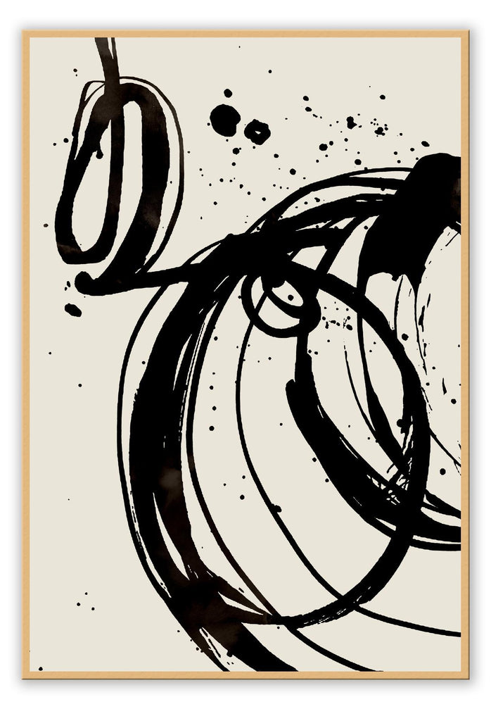 Black and white neutral print portrait with beige background in watercolour squiggle lines abstract with natural shapes