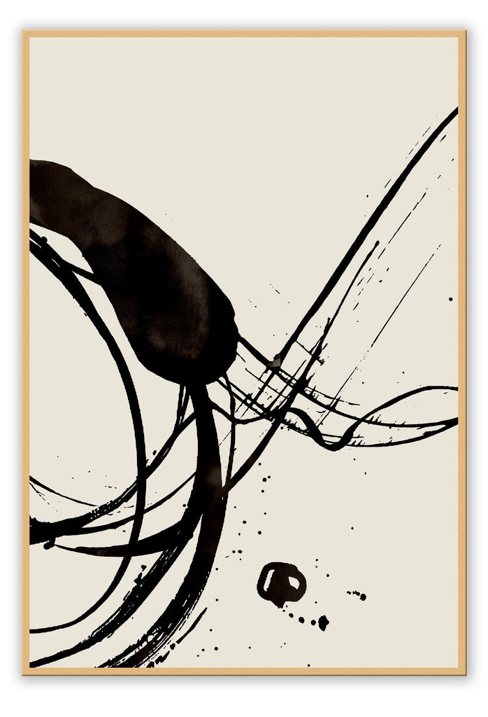 Black and white neutral print portrait with beige background in watercolour squiggle lines abstract with natural shapes 