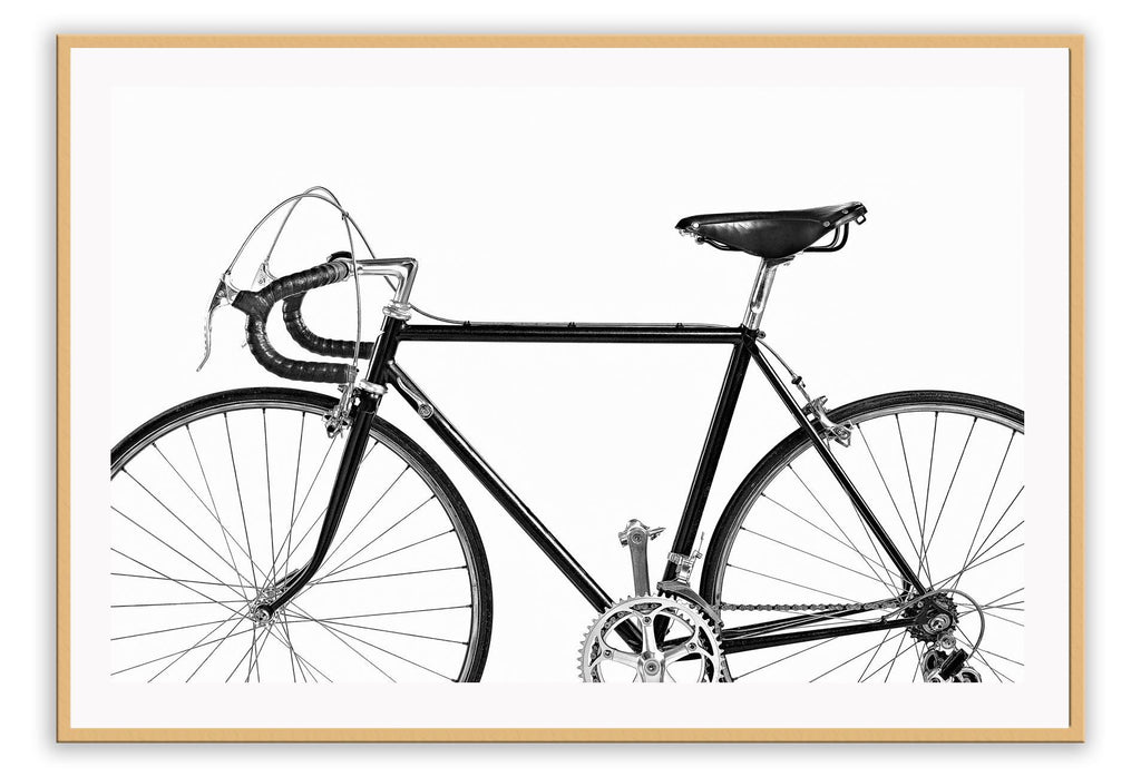 Vintage scandi modern print bike bicycle landscape print black and white photography style on white background.