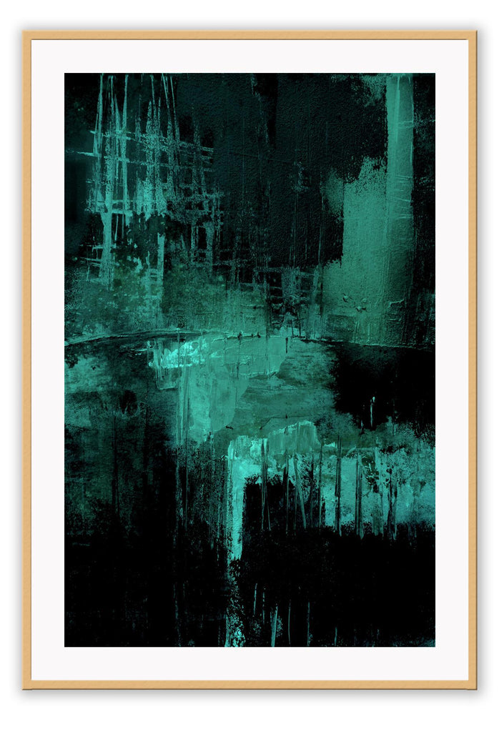 Emerald green abstract print with black background and silver tones in minimal moody style 