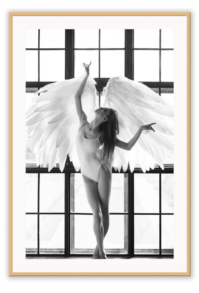 A fashion black and white wall art with the breath of the sun penetrating through big frosted window, back-liting an angel-like bellerina dancing with white feather wings and white leotards.  