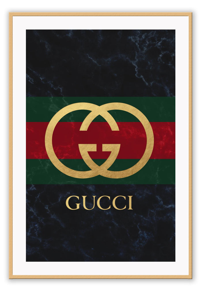 Portrait fashion print with gold gucci logo on green and red stripe with dark grey washed background