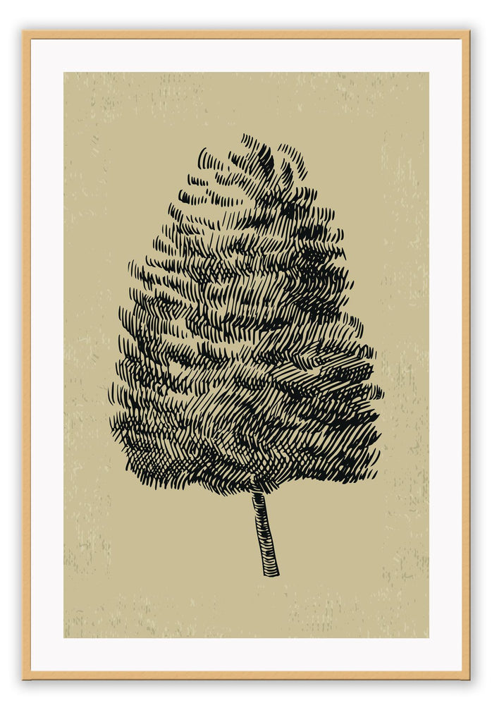 Tree sketch blowing in wind in black with texture and natural beige background portrait print 