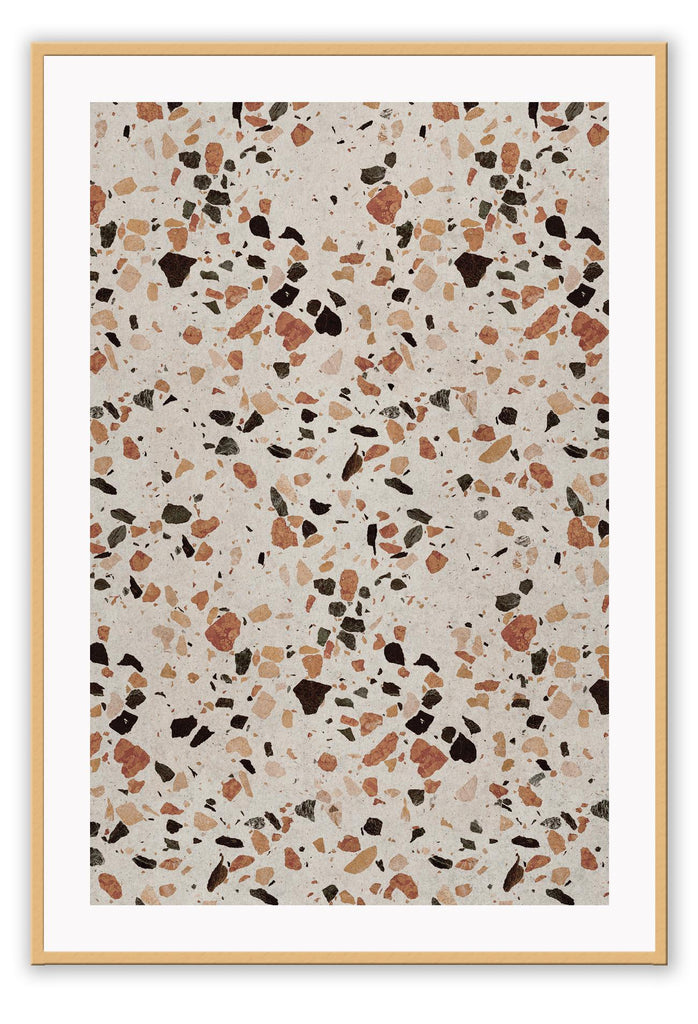 Close-up granite terrazzo texture with navy, rust, terracotta cream colurs minimal print portrait landscape