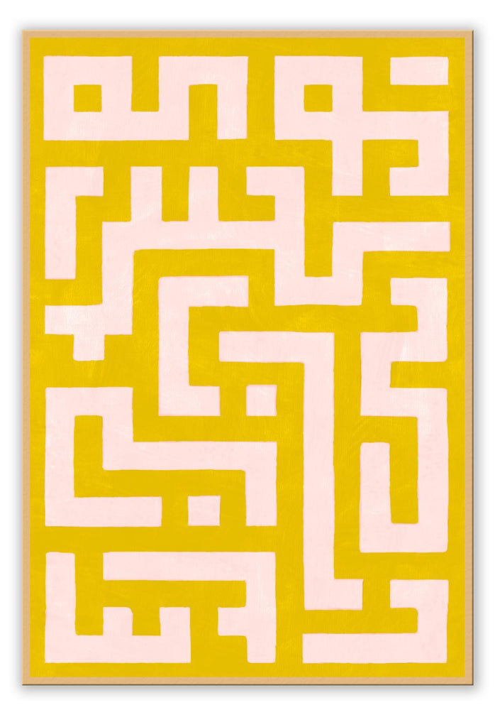 Abstract print portrait landscape maze in pink and yellow colours modern 