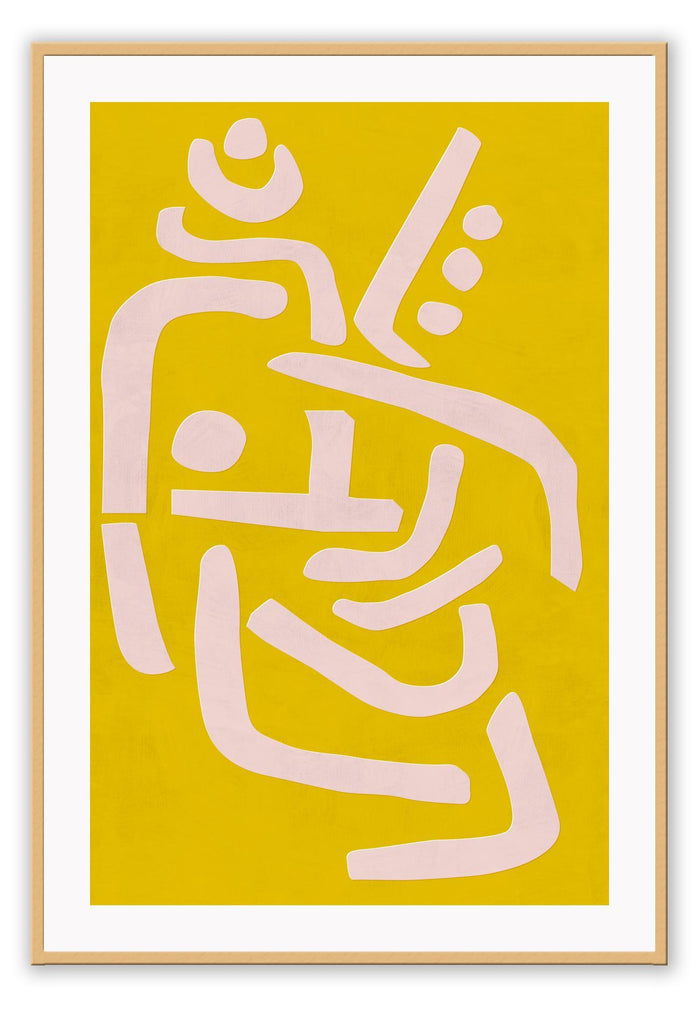 Abstract art print with chunky blush coloured lines and dots arranged in a random order on a yellow background.