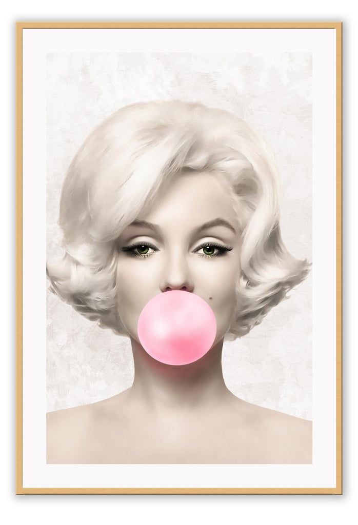 Fashion art print classic vintage celebrity Marilyn Monroe blowing pink bubble bubblegum cartoon rendered