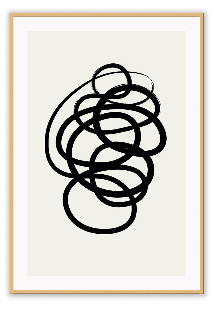 Abstract black and white squiggle print with textured black line and cream background 