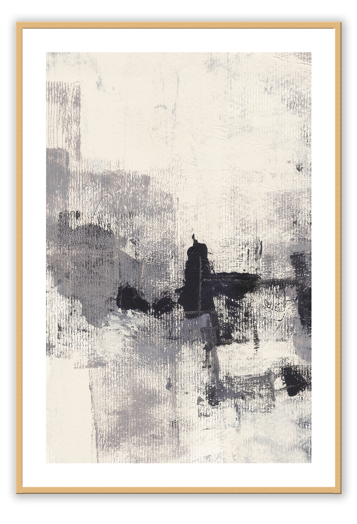 Textured abstract art print with scattered grey and black brushstrokes in the center on an off-white background.