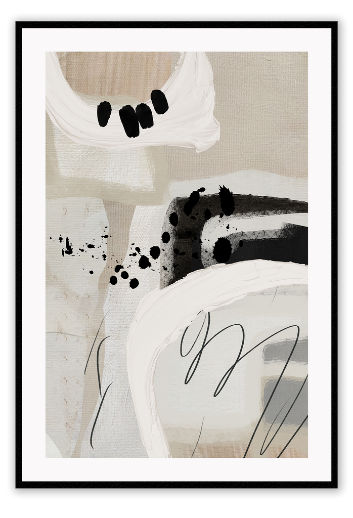 Abstract style print with random round shapes, blocks and lines in beige, black, grey and white tones on a grey background.