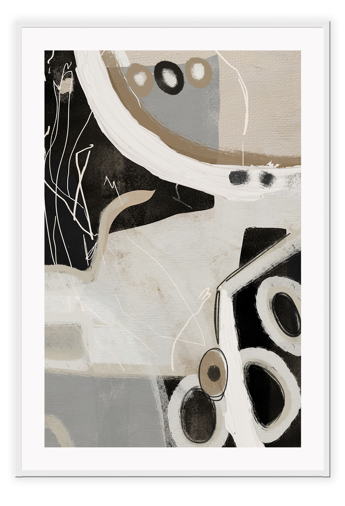 Abstract style print with random round shapes, blocks and lines in beige, black, grey and white tones on a grey background.