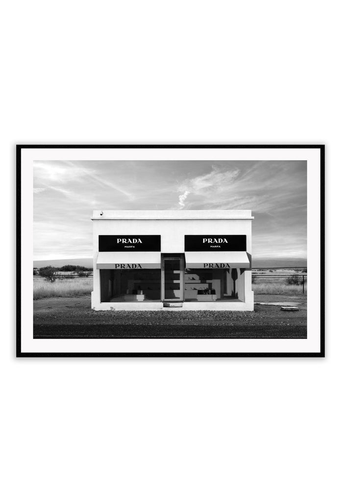 Fashion photography print with the Prada marfa install in black and white landscape  