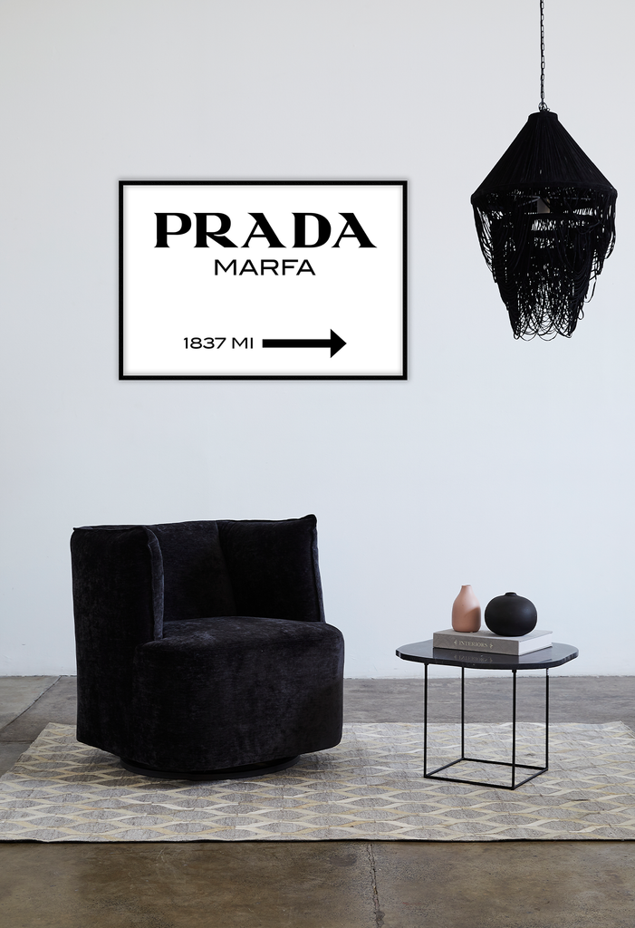 A fashion typography wall art with black scandi prada marfa since 1837 writing on white background.  | Wall Art D≈Ωcor