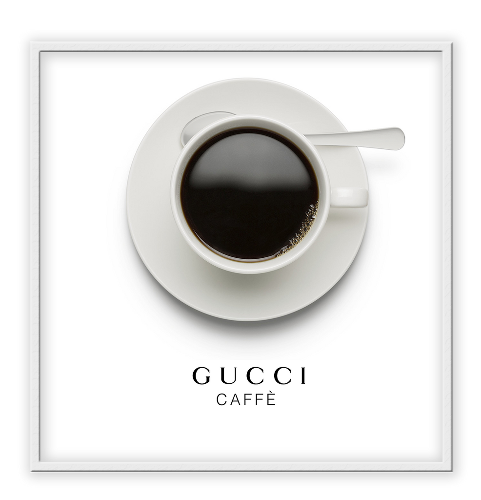 A pink or black and white fashion wall art with a coffee cup and Gucci fashion label in Gucci Caf≈Ω