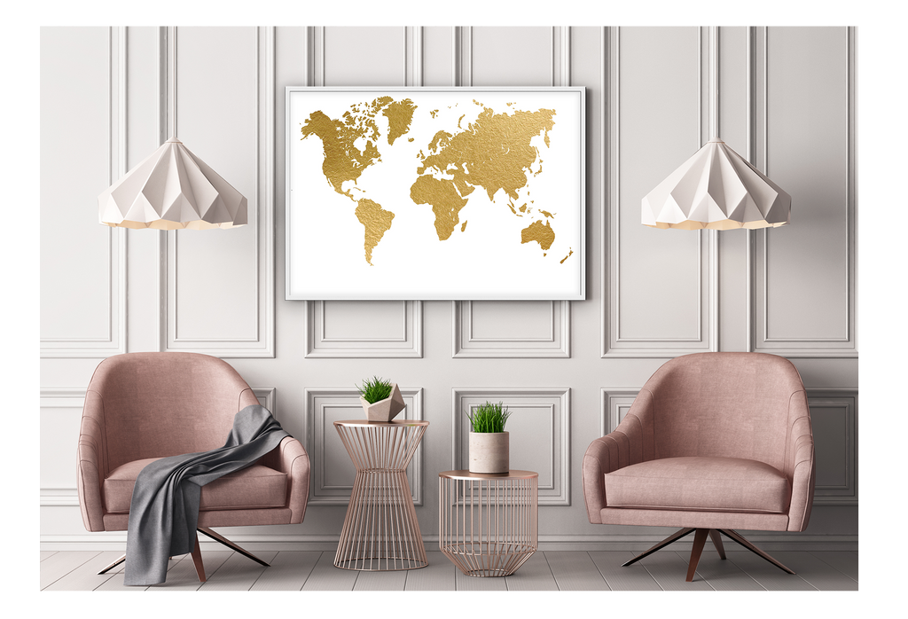 world map framed print Gold 