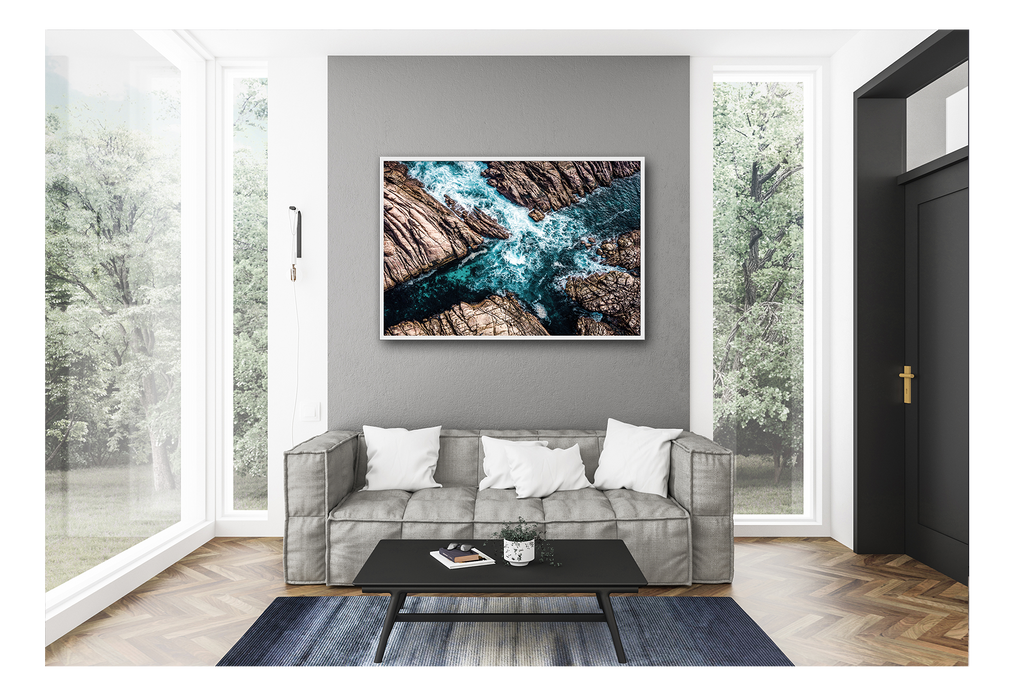 Rocks photography print blue water birds eye view with natural texture and colour 