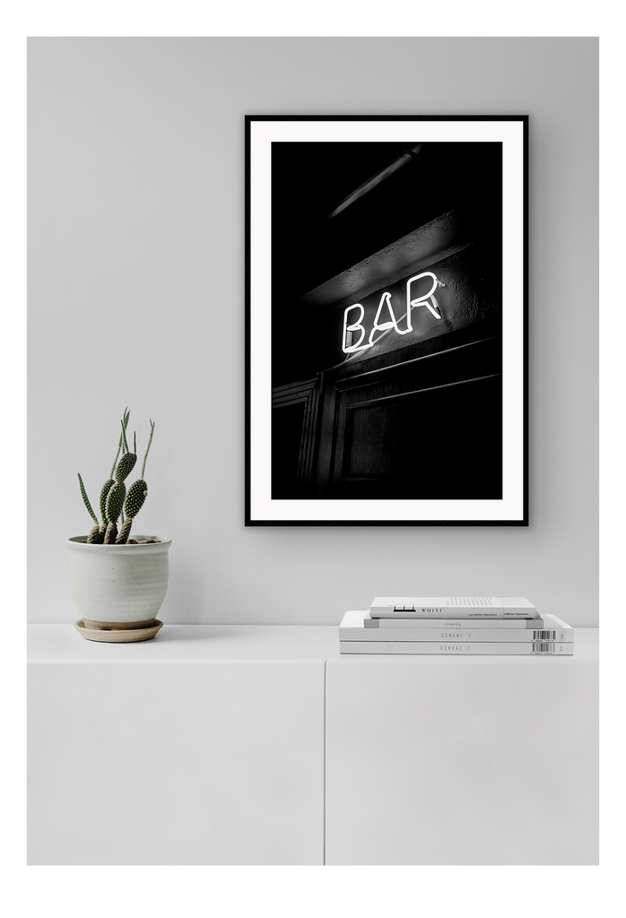 A fashion typography wall art of neon bar sign in black and white. 