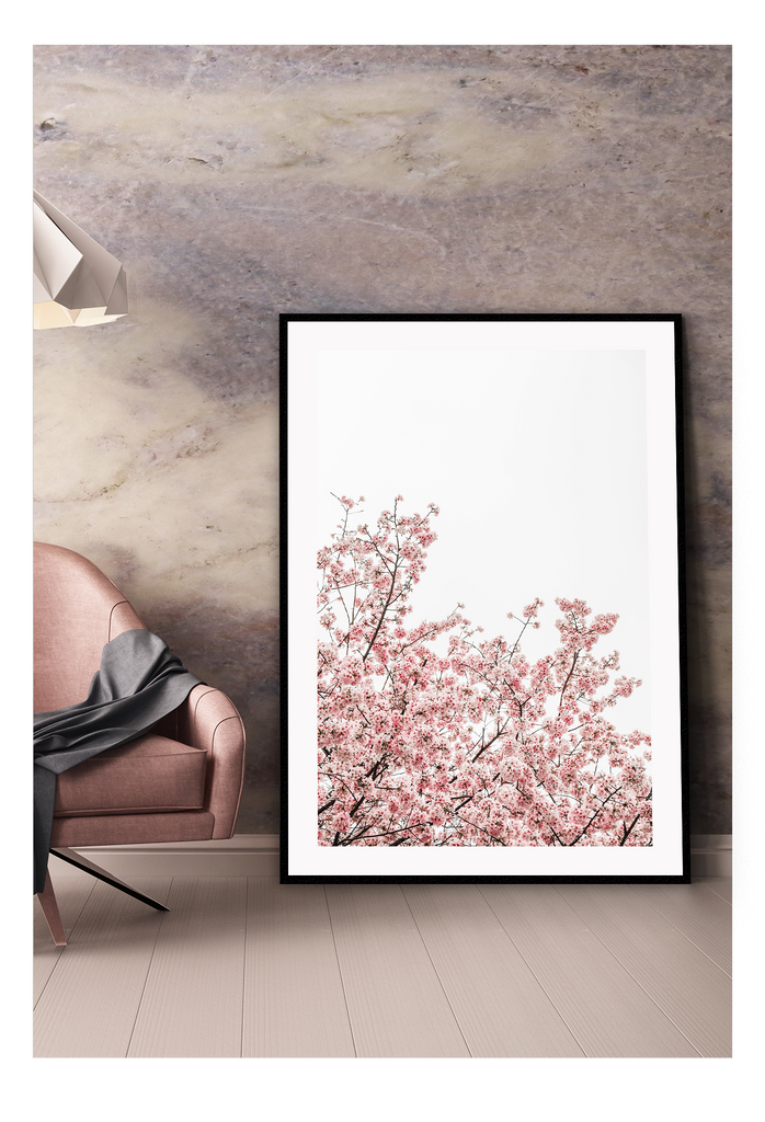 A natural wall art with pink tree and blossoms in New York City. 