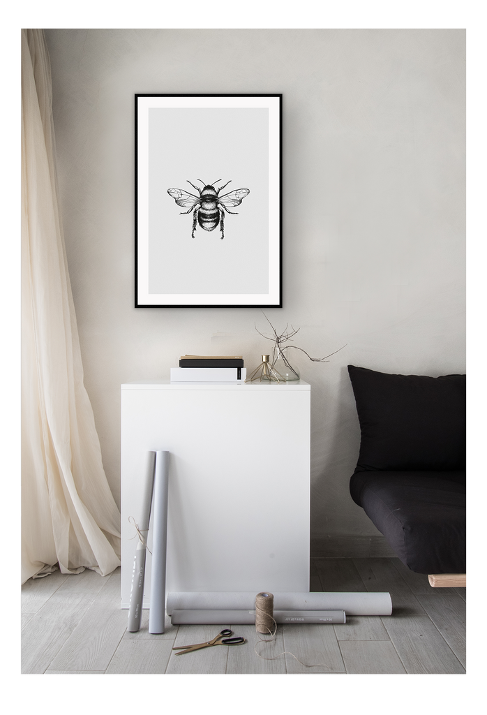 bee art framed print black Gold brass minimal natural modern style black background