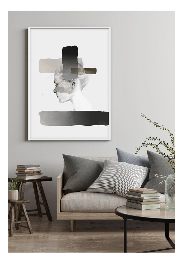 A sketchy wall art with a water colour girl's side face contour and neutral colour brushstrokes on white background  