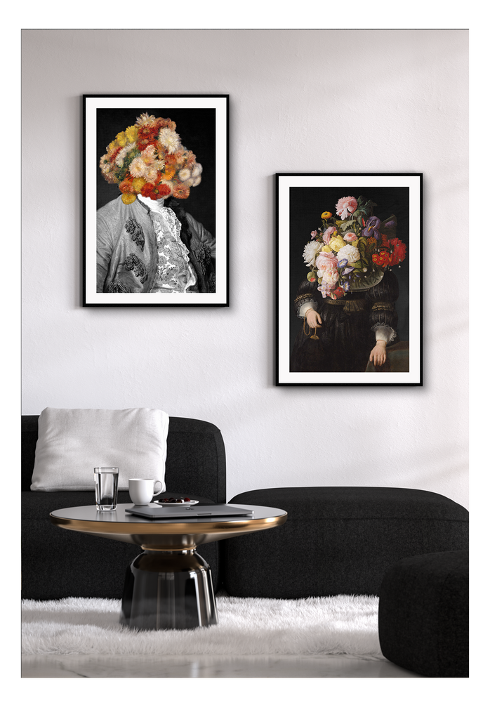Floral vintage print man with flowers on head colourful oil painting style portrait