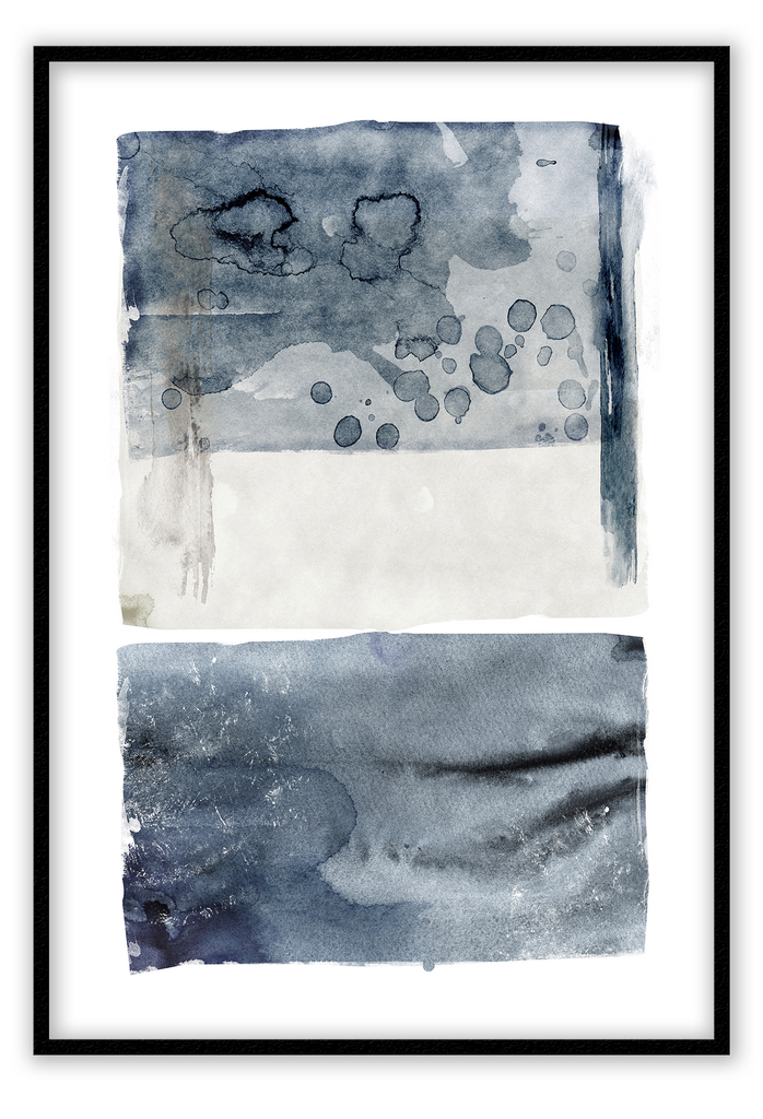 Abstract portrait modern minimalist art print with grey and blue watercolour rectangle shapes on a white background.