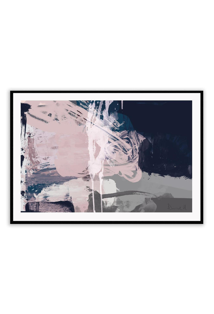 Abstract style modern print featuring pink, navy, grey and white tones in a random painting smudge configuration.