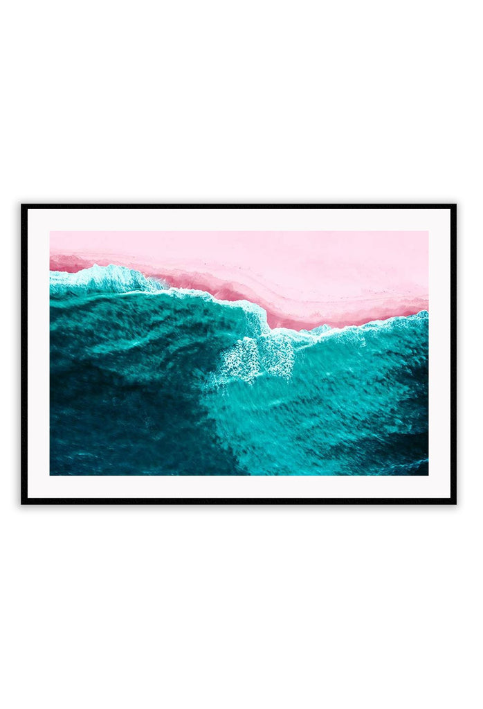 A natural wall art with pink sand beach and blue ocean.