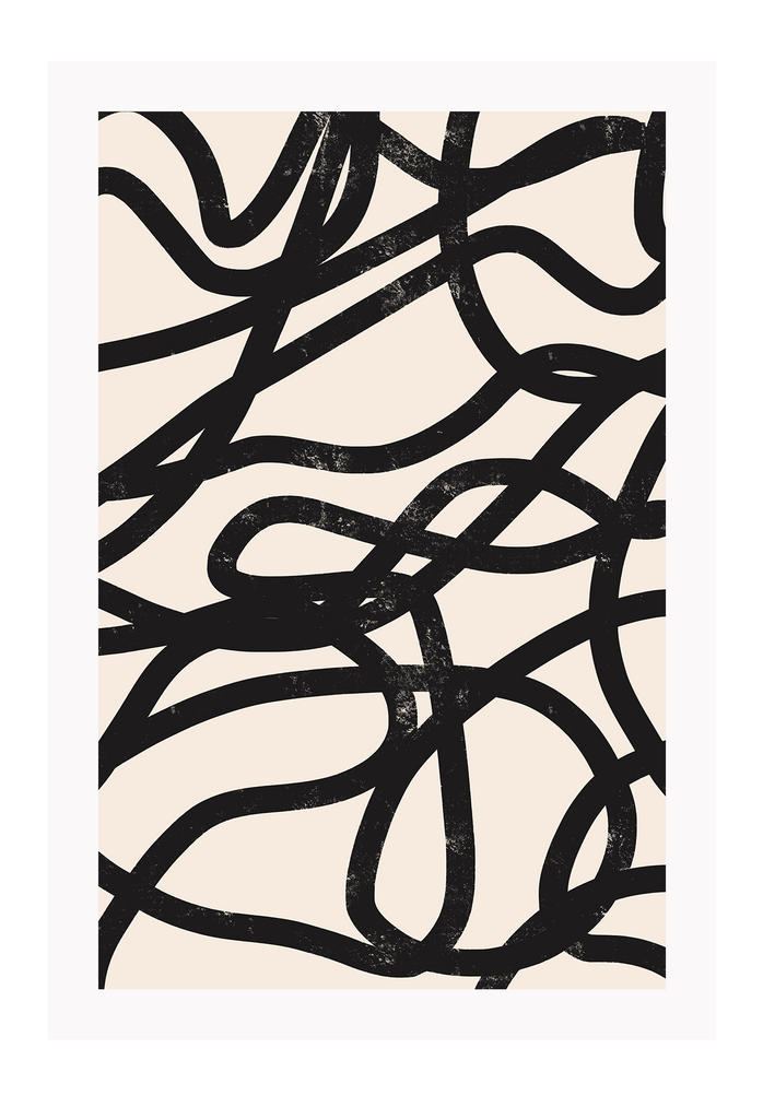 Abstract art print of several black squiggly lines in brushstroke texture on a plain beige background.