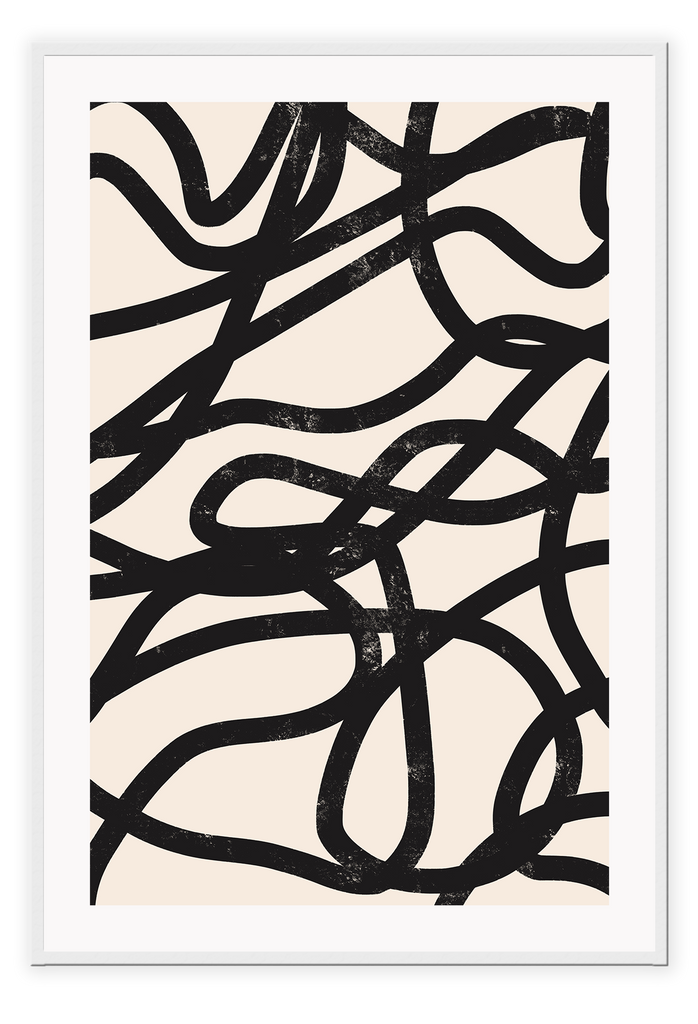 Abstract art print of several black squiggly lines in brushstroke texture on a plain beige background.