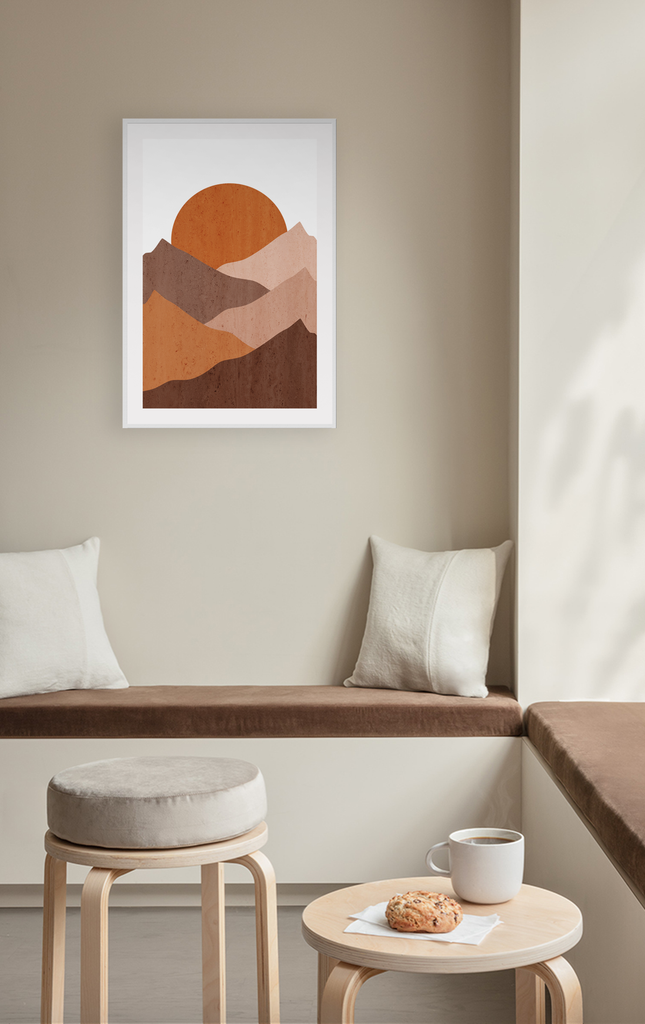 Portrait abstract print with orange and red tones mountain sun white background sunset print