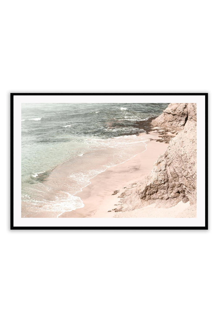 Landscape photography beach with cliff face and washed colour print natural blue and sand water 