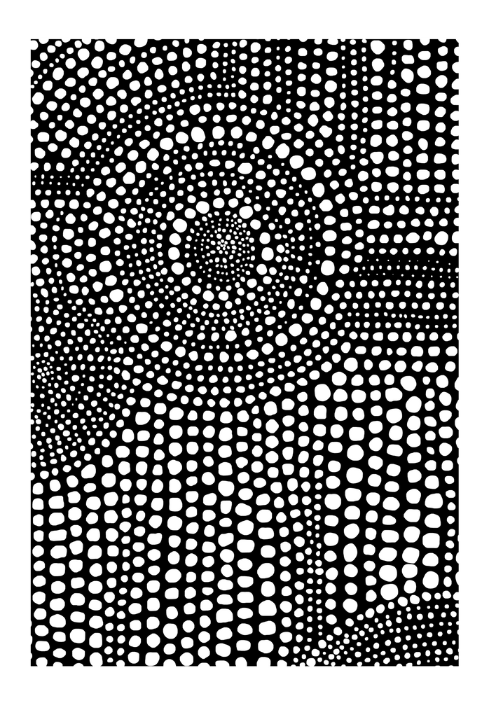 Abstract print with black background and white dots arranged in random patterns 