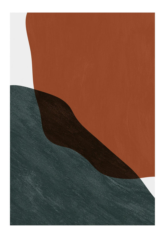 Abstract print with orange red tones and black watercolour texture on white background portrait minimal style 