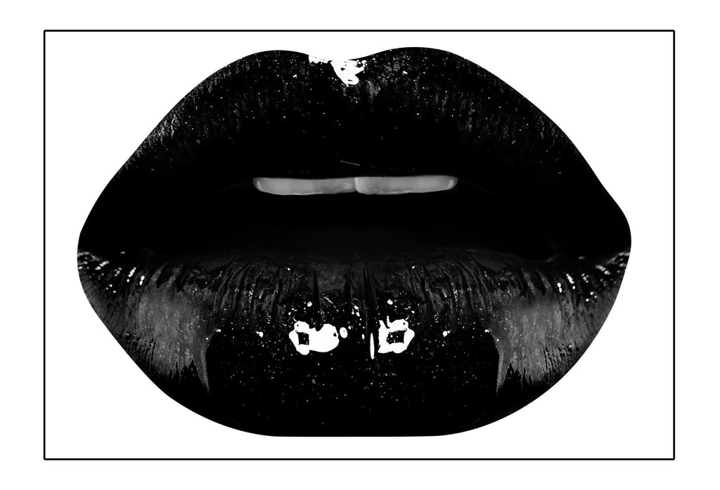 A fashion black and white wall art with dark, sexy juicy lips on a white background. 
