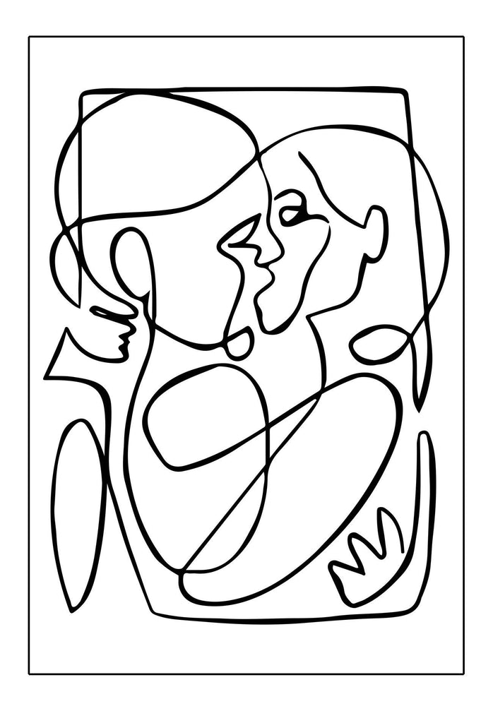 Minimal neutral abstract print with two figures in black squiggle kissing in embrace white background 