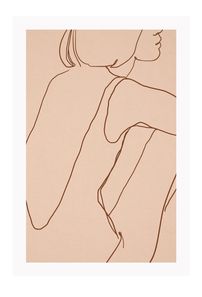 Line art print with a pink background and brown outline of a woman wearing a swimsuit sitting down 