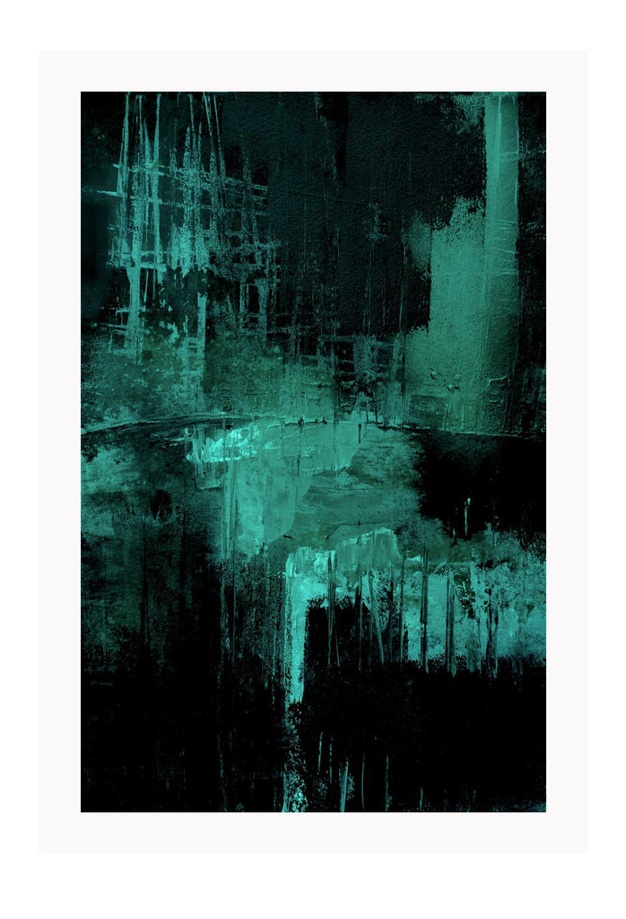 Emerald green abstract print with black background and silver tones in minimal moody style 