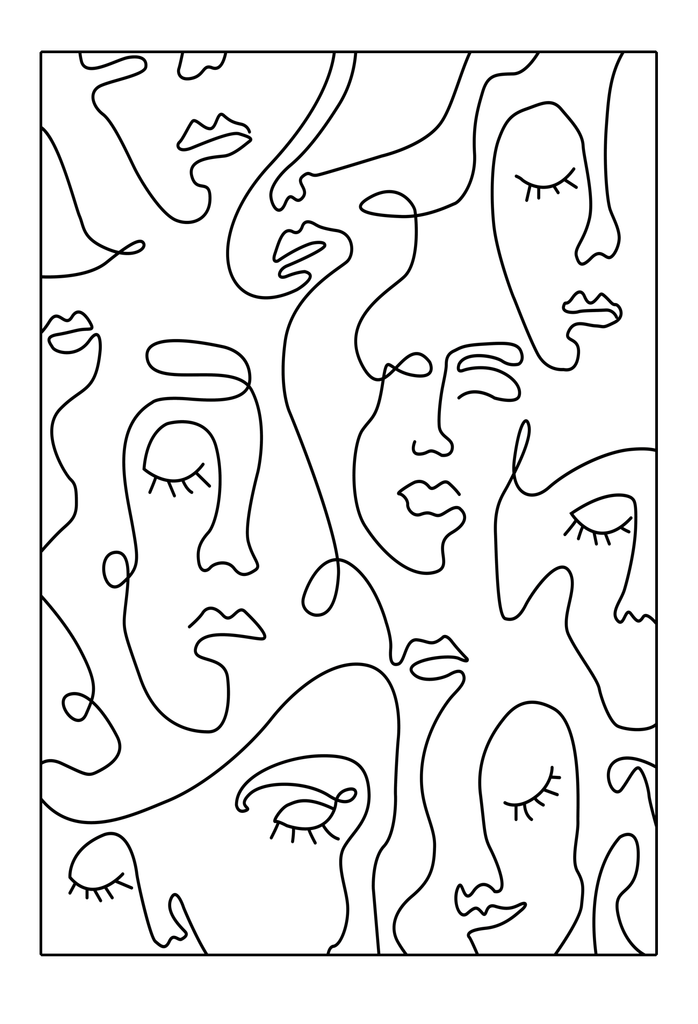 Abstract black and white line art faces minimal black lines on white background