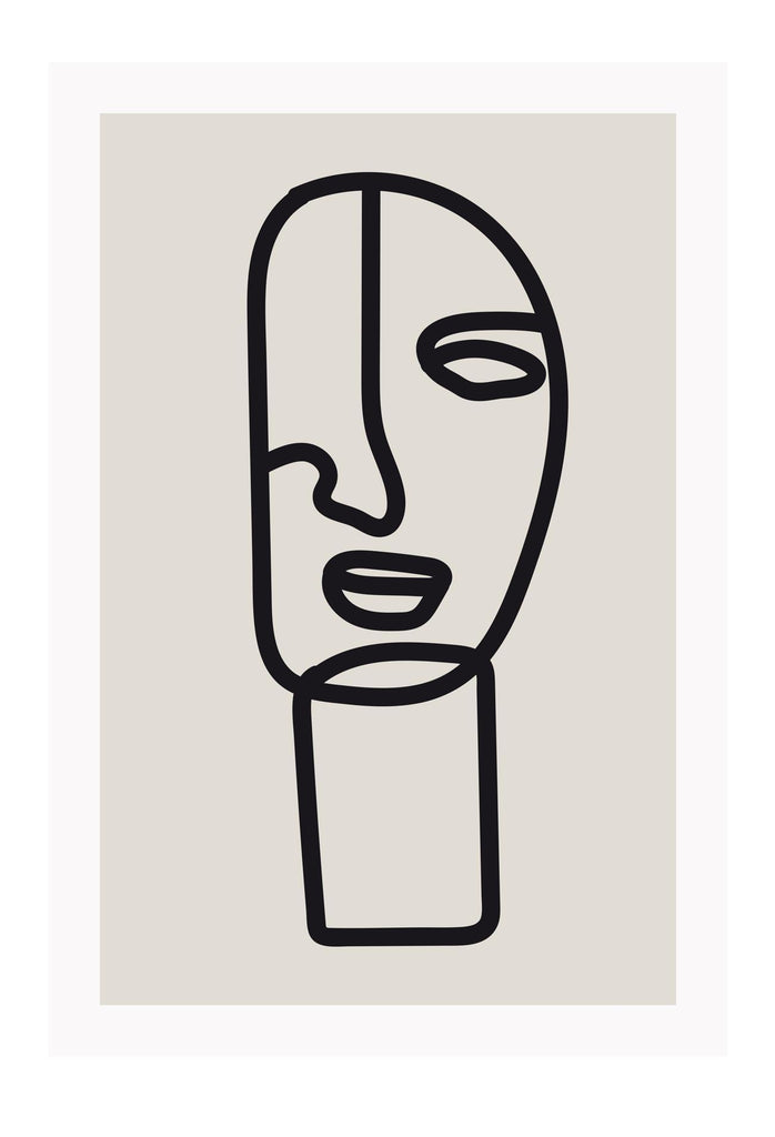 Line art print with abstract black face and beige background minimal and natural tones modern 