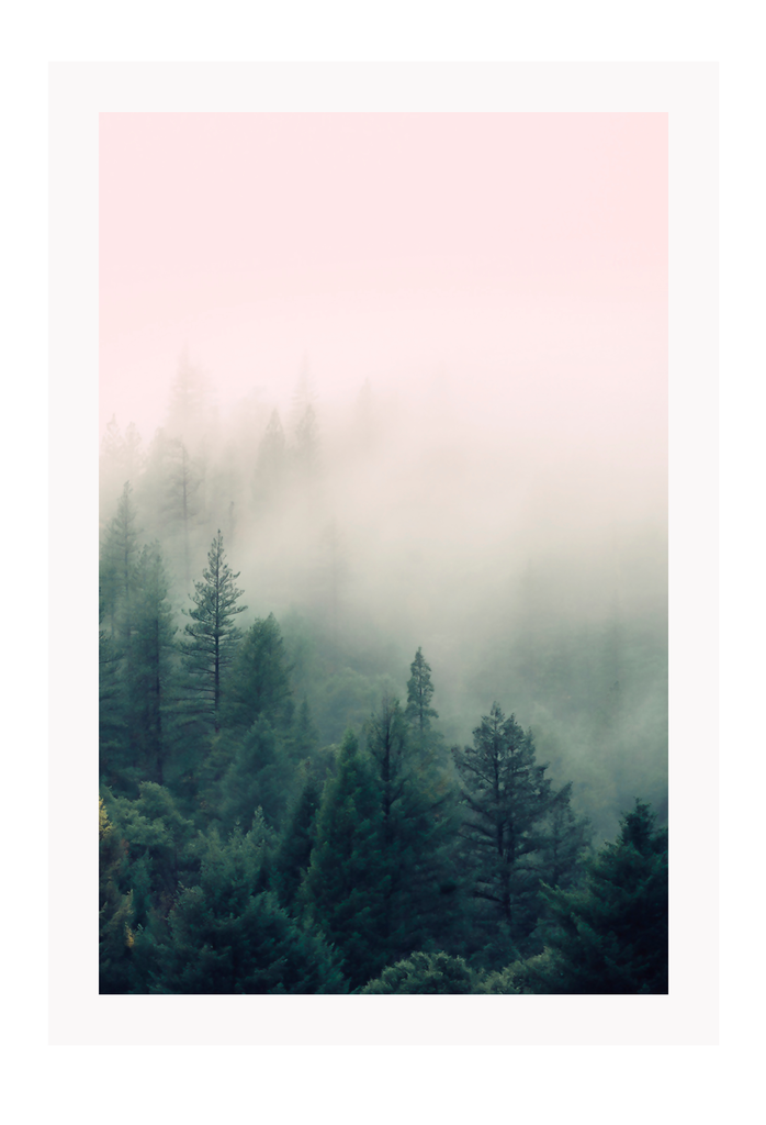 Natural print with a green forest being covered in misty pink fog. 