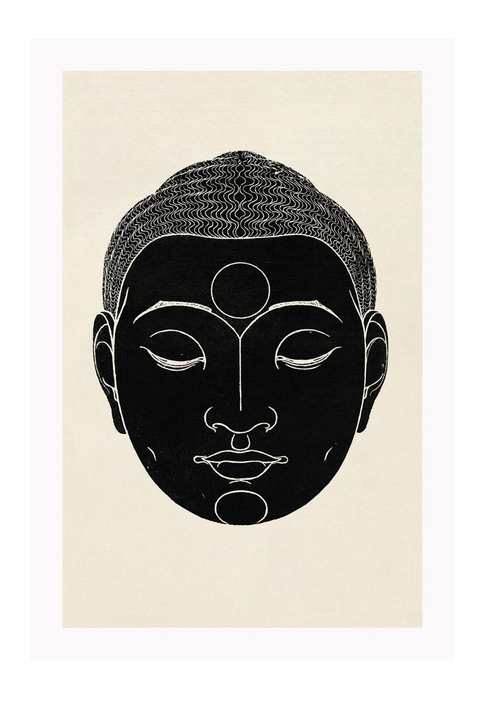 Zen modern minimal style print with a black buddha face with eyes closed on a cream background.