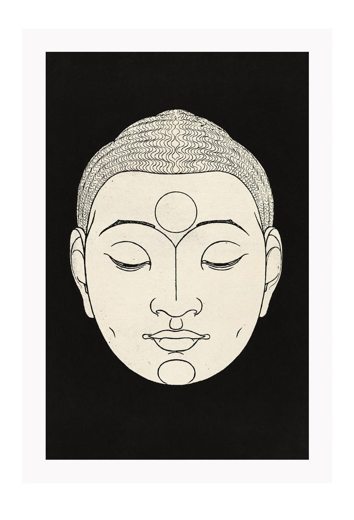 Zen modern minimal style print with a cream buddha face with eyes closed on a black background.