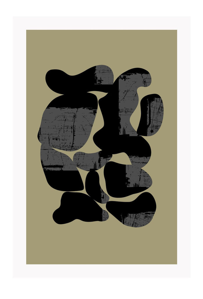 Abstract modern print with black textured and rounded shapes conjoined on an olive green background.