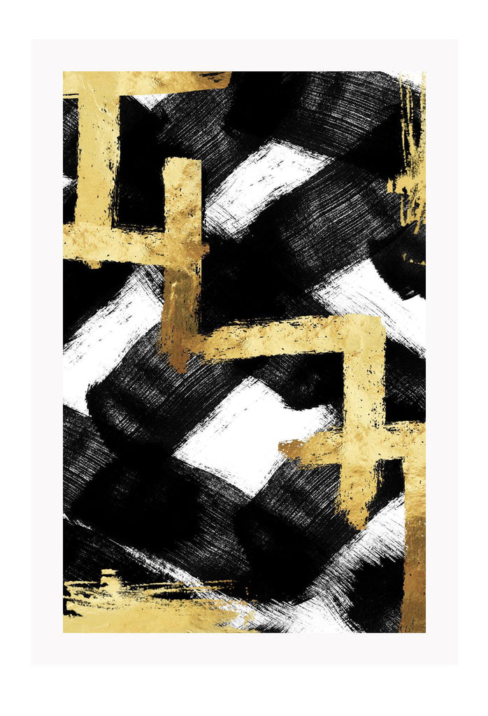 Abstract print with gold vertical and horizontal lines on big black crosses in brushstroke texture and a white background.