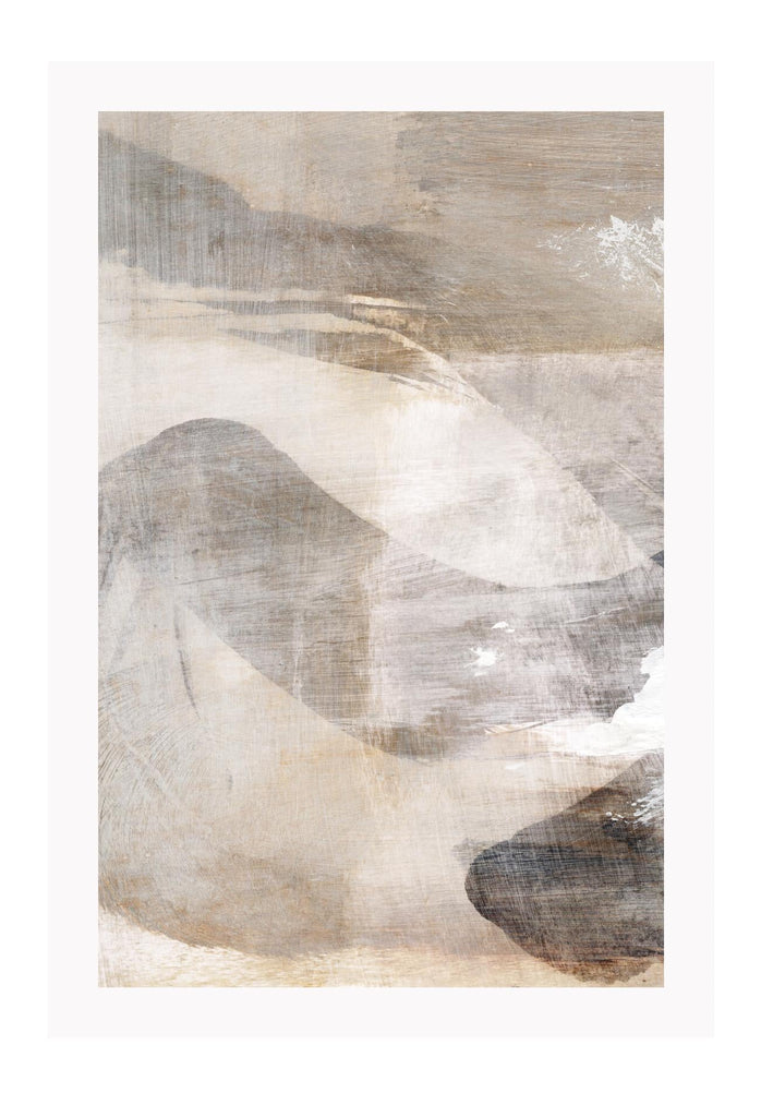Abstract modern art print featuring grey and beige tones overlapping with watercolour strokes.