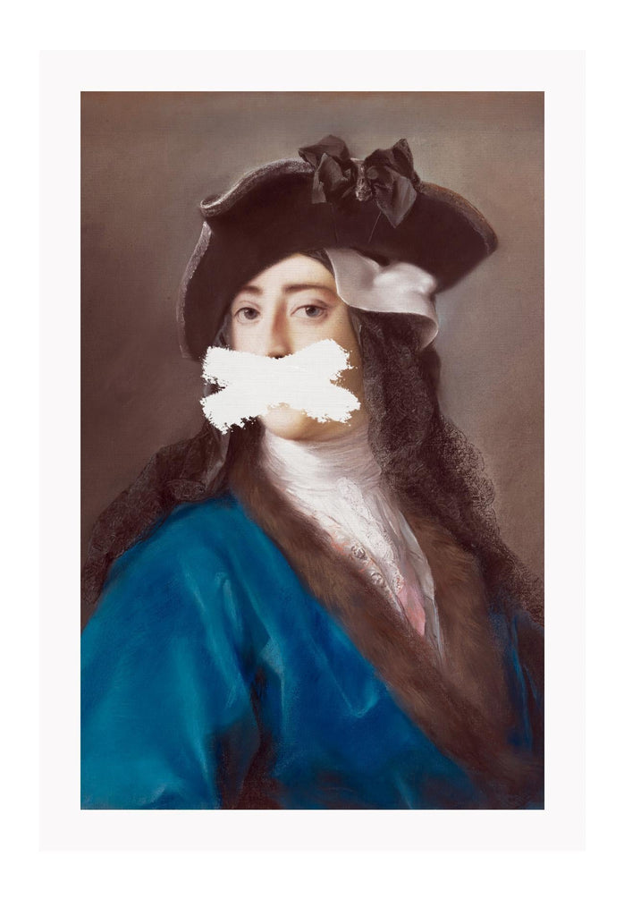 Vintage style painting print with a man in a napoleon hat and blue robe on a grey background with a white cross painted on the mouth.