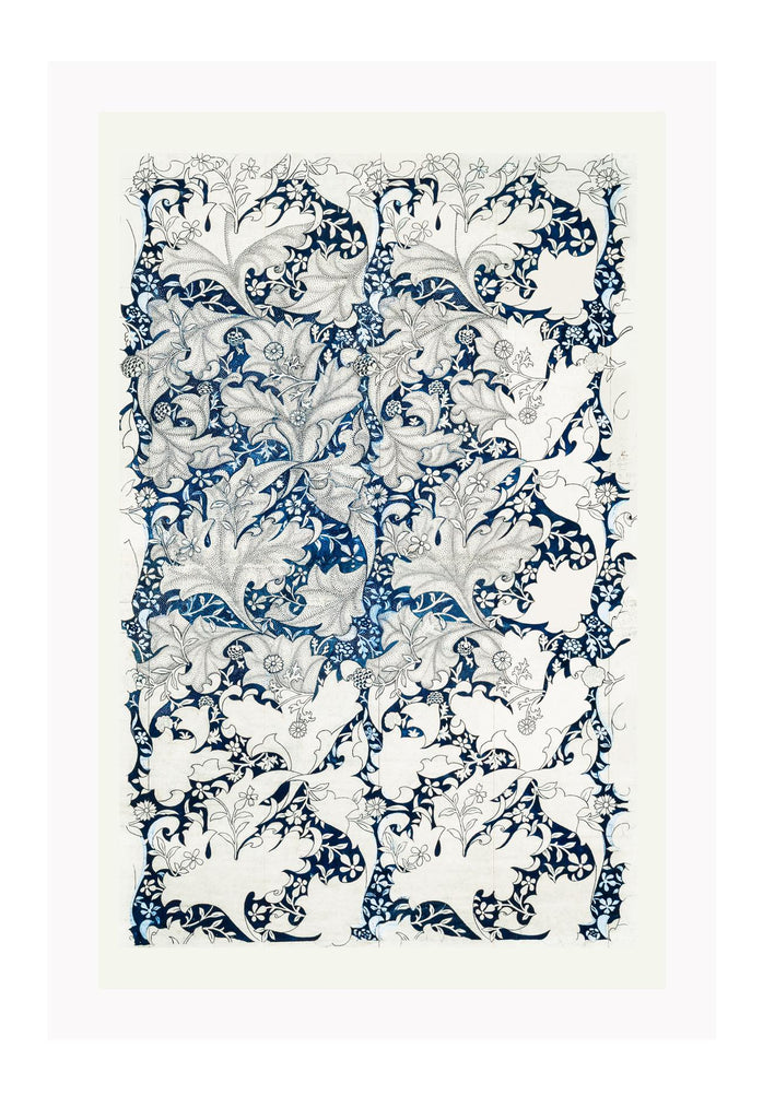 Hamptons style coastal print with floral leaf pattern design in grey, blue and white tones on a white background.